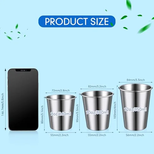 Stainless Steel Cups and Adult Pint Tumbler Metal Cups Stackable Tumbler Shatterproof Metal Drinking Glasses for Travel Outdoor Camping() view 2