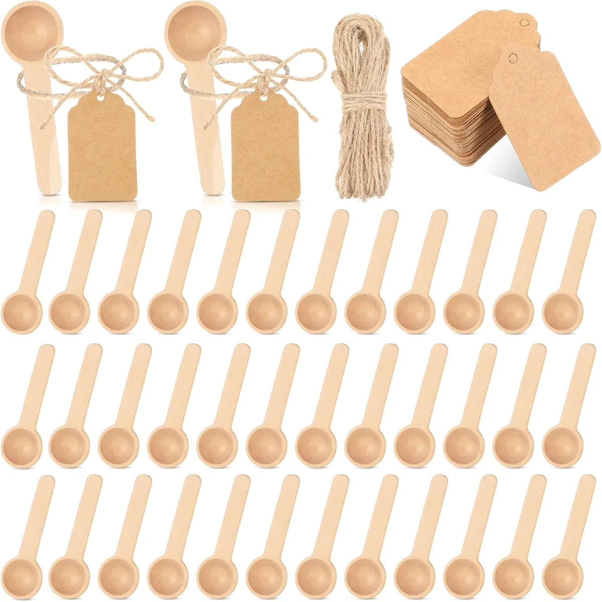Mini Wooden Spoons Small Wooden Spoons Disposable Small Spoons for Spice Jars Wood Spoons with Tags and Twine Condiments Honey Sugar Kitchen Cooking Oil Tea Coffee