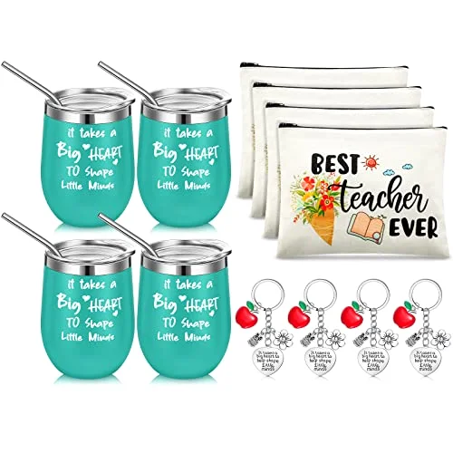 Teacher Appreciation Gift Set 4 Teacher Tumbler 4 Makeup Bags 4 Keychains Graduation Gift for Women(Fresh Style)