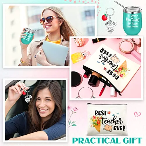 Teacher Appreciation Gift Set 4 Teacher Tumbler 4 Makeup Bags 4 Keychains Graduation Gift for Women(Fresh Style) view 3