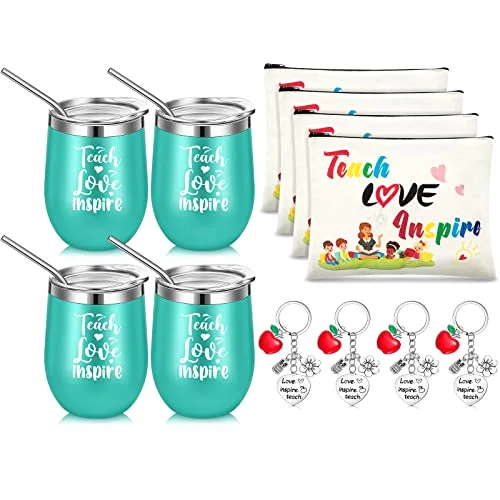 Teacher Appreciation Gift Set 4 Teacher Tumbler 4 Makeup Bags 4 Keychains Graduation Gift for Women(Fresh Style) view 6