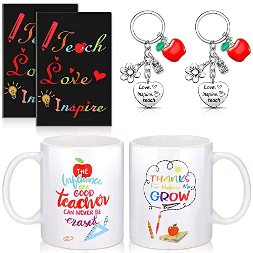 Teacher Gifts Appreciation Sets for Women Thank You Include 2 Coffee Mug Cups 2 Keychains and 2 Mini Notepads for Women