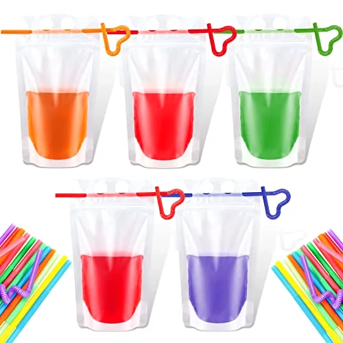 Drink Pouches with 300 Straw, Freezable Juice Pouches for Adults Heavy Duty Hand Held Translucent Reclosable Plastic Smoothie Bags Disposable Alcohol Bags for Cold Hot Drinks, 400-