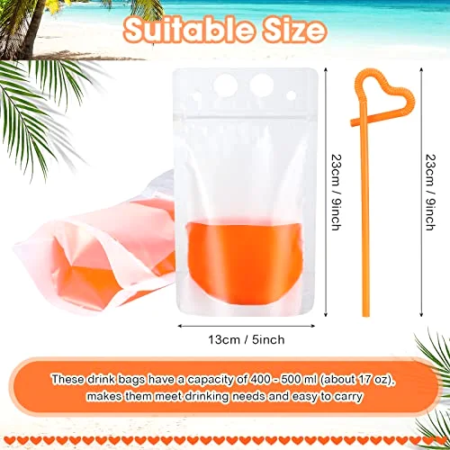 Drink Pouches with 300 Straw, Freezable Juice Pouches for Adults Heavy Duty Hand Held Translucent Reclosable Plastic Smoothie Bags Disposable Alcohol Bags for Cold Hot Drinks, 400- view 2