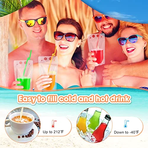 Drink Pouches with 300 Straw, Freezable Juice Pouches for Adults Heavy Duty Hand Held Translucent Reclosable Plastic Smoothie Bags Disposable Alcohol Bags for Cold Hot Drinks, 400- view 3