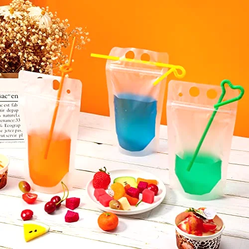 Drink Pouches with 300 Straw, Freezable Juice Pouches for Adults Heavy Duty Hand Held Translucent Reclosable Plastic Smoothie Bags Disposable Alcohol Bags for Cold Hot Drinks, 400- view 4
