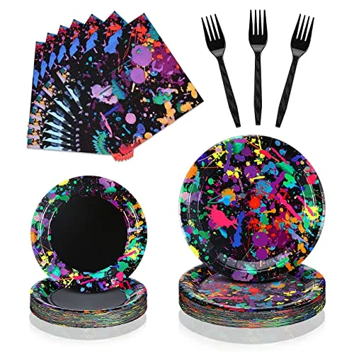 Neon Glow Party Plates Napkins Forks, Birthday Serves 48