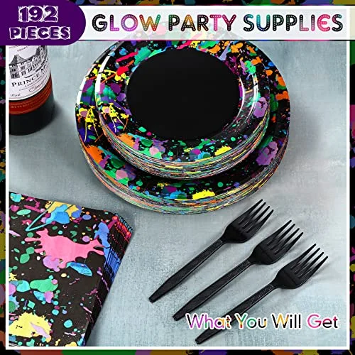 Neon Glow Party Plates Napkins Forks, Birthday Serves 48 view 4