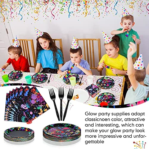 Neon Glow Party Plates Napkins Forks, Birthday Serves 48 view 5