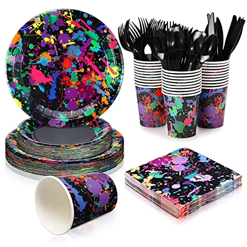 Neon Party Supplies for 36 Guests Glow Party Plates Napkins Tableware Cups Knives Forks Spoons Neon Glow Birthday Colorful Graffiti Parties Decoration Favor