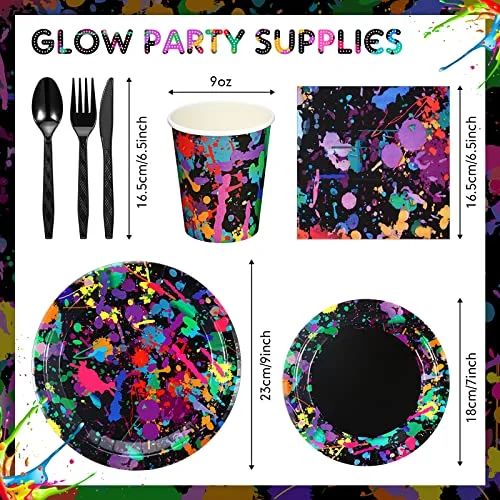 Neon Party Supplies for 36 Guests Glow Party Plates Napkins Tableware Cups Knives Forks Spoons Neon Glow Birthday Colorful Graffiti Parties Decoration Favor view 2