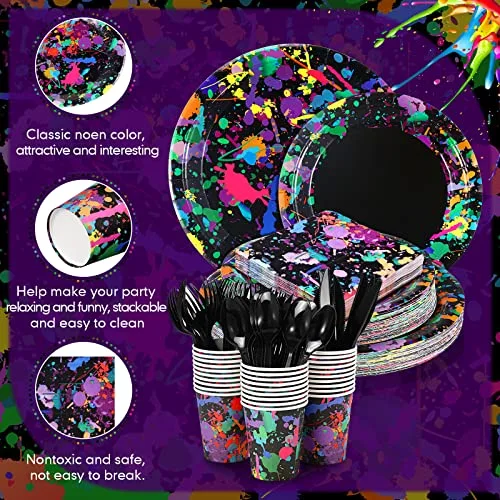 Neon Party Supplies for 36 Guests Glow Party Plates Napkins Tableware Cups Knives Forks Spoons Neon Glow Birthday Colorful Graffiti Parties Decoration Favor view 3