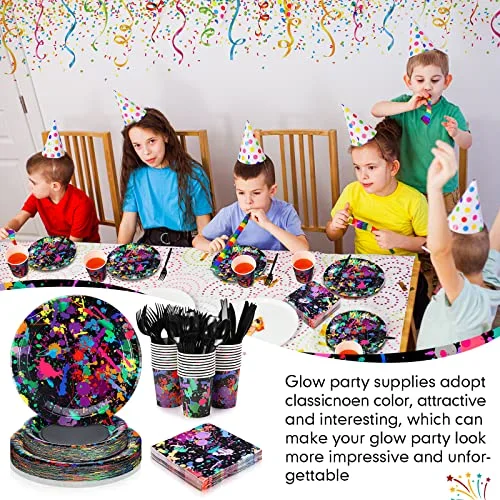 Neon Party Supplies for 36 Guests Glow Party Plates Napkins Tableware Cups Knives Forks Spoons Neon Glow Birthday Colorful Graffiti Parties Decoration Favor view 4
