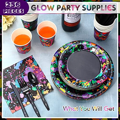 Neon Party Supplies for 36 Guests Glow Party Plates Napkins Tableware Cups Knives Forks Spoons Neon Glow Birthday Colorful Graffiti Parties Decoration Favor view 5