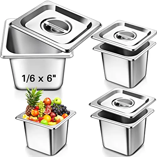 1/6 Size Hotel Steam Table Pans with Lids Deep Thick 304 Stainless Steel Hotel Pans for Food Warmer, Cooking, Catering, Buffet and Commercial Kitchen Use