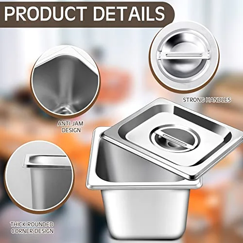 1/6 Size Hotel Steam Table Pans with Lids Deep Thick 304 Stainless Steel Hotel Pans for Food Warmer, Cooking, Catering, Buffet and Commercial Kitchen Use view 3