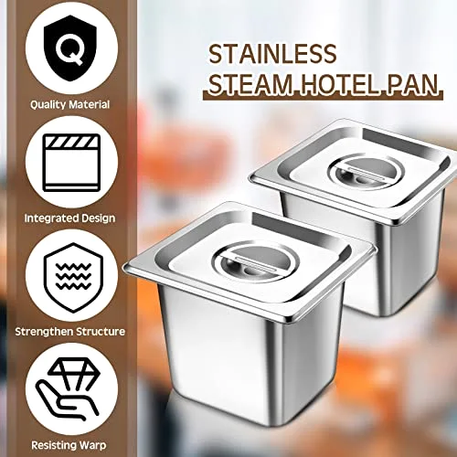 1/6 Size Hotel Steam Table Pans with Lids Deep Thick 304 Stainless Steel Hotel Pans for Food Warmer, Cooking, Catering, Buffet and Commercial Kitchen Use view 4