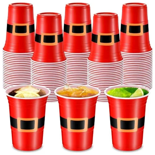 Disposable Plastic Christmas Cups Santa's Belt Plastic Tumblers Santa Belt Design Christmas Drinking Cups Holiday Disposable Cups Xmas Party Supplies