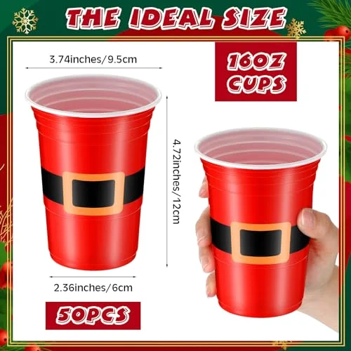 Disposable Plastic Christmas Cups Santa's Belt Plastic Tumblers Santa Belt Design Christmas Drinking Cups Holiday Disposable Cups Xmas Party Supplies view 2