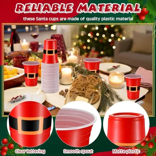 Disposable Plastic Christmas Cups Santa's Belt Plastic Tumblers Santa Belt Design Christmas Drinking Cups Holiday Disposable Cups Xmas Party Supplies view 3