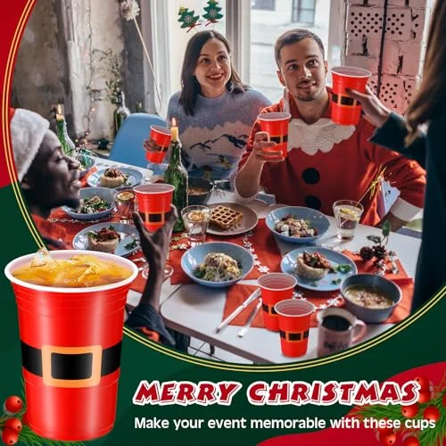 Disposable Plastic Christmas Cups Santa's Belt Plastic Tumblers Santa Belt Design Christmas Drinking Cups Holiday Disposable Cups Xmas Party Supplies view 5