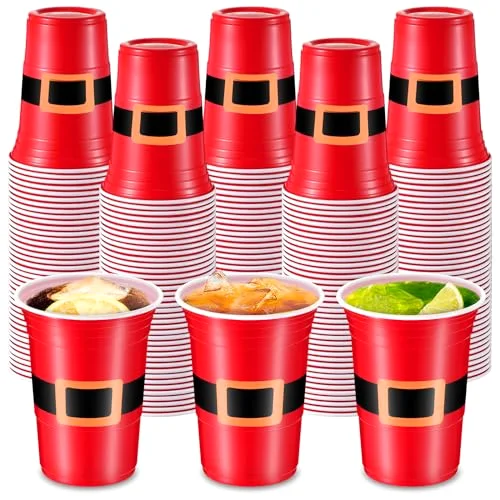 Disposable Plastic Christmas Cups Santa's Belt Plastic Tumblers Santa Belt Design Christmas Drinking Cups Holiday Disposable Cups Xmas Party Supplies view 6
