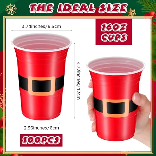 Disposable Plastic Christmas Cups Santa's Belt Plastic Tumblers Santa Belt Design Christmas Drinking Cups Holiday Disposable Cups Xmas Party Supplies view 7