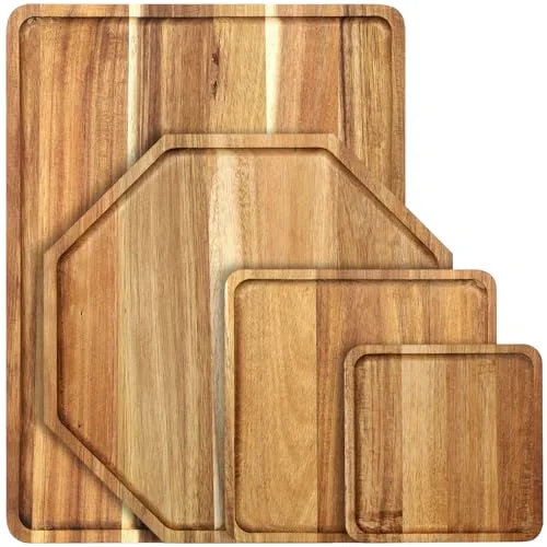 Solid Acacia Wood Charcuterie Boards Wooden Serving Tray Set for Serving Food Large Dinner Platters for Dinner Party Cheese Food Decorative(Square Octagon Rectangle, 4 Sizes)