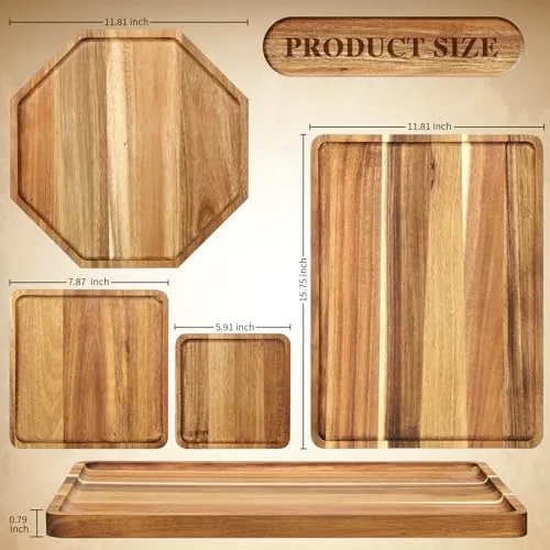 Solid Acacia Wood Charcuterie Boards Wooden Serving Tray Set for Serving Food Large Dinner Platters for Dinner Party Cheese Food Decorative(Square Octagon Rectangle, 4 Sizes) view 2