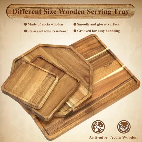 Solid Acacia Wood Charcuterie Boards Wooden Serving Tray Set for Serving Food Large Dinner Platters for Dinner Party Cheese Food Decorative(Square Octagon Rectangle, 4 Sizes) view 3