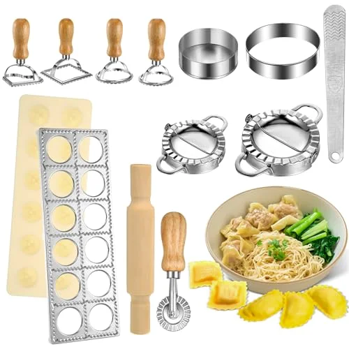 Pasta Maker Tools Ravioli Making Kit Include 5 Ravioli Stamp Maker Cutter with Roller Wheel 1 Wooden Rolling Pin 1 Press Mold 5 Stainless Steel Dumpling Molds for Kitchen Homemade Kit