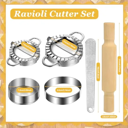 Pasta Maker Tools Ravioli Making Kit Include 5 Ravioli Stamp Maker Cutter with Roller Wheel 1 Wooden Rolling Pin 1 Press Mold 5 Stainless Steel Dumpling Molds for Kitchen Homemade Kit view 2