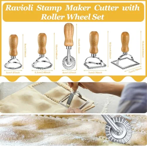 Pasta Maker Tools Ravioli Making Kit Include 5 Ravioli Stamp Maker Cutter with Roller Wheel 1 Wooden Rolling Pin 1 Press Mold 5 Stainless Steel Dumpling Molds for Kitchen Homemade Kit view 3