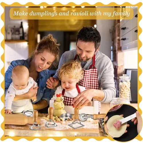 Pasta Maker Tools Ravioli Making Kit Include 5 Ravioli Stamp Maker Cutter with Roller Wheel 1 Wooden Rolling Pin 1 Press Mold 5 Stainless Steel Dumpling Molds for Kitchen Homemade Kit view 4