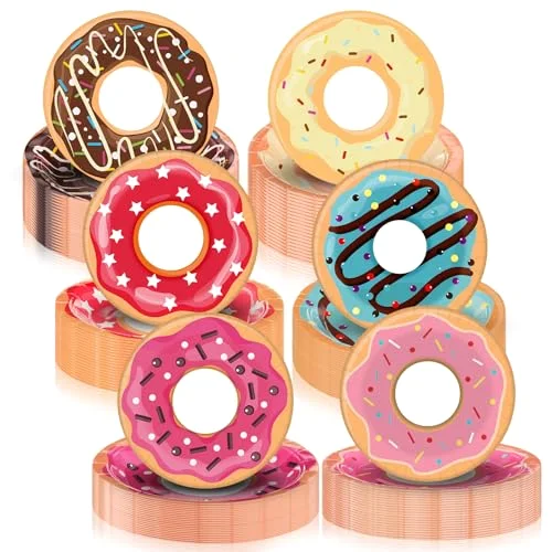 Donut Plates 7'' Disposable Dessert Plates Colorful Cute Serving Tray Snack Platter for Birthday Sweet Treats Cupcake Tea Party Supplies Decoration