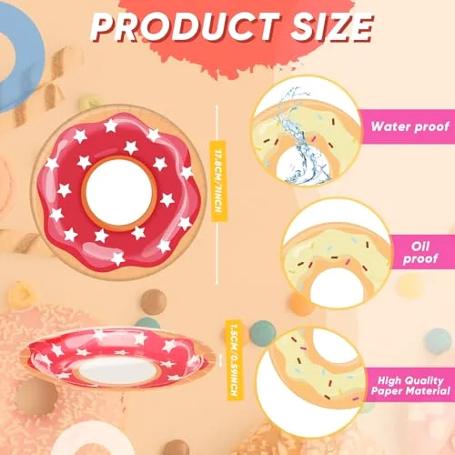 Donut Plates 7'' Disposable Dessert Plates Colorful Cute Serving Tray Snack Platter for Birthday Sweet Treats Cupcake Tea Party Supplies Decoration view 2