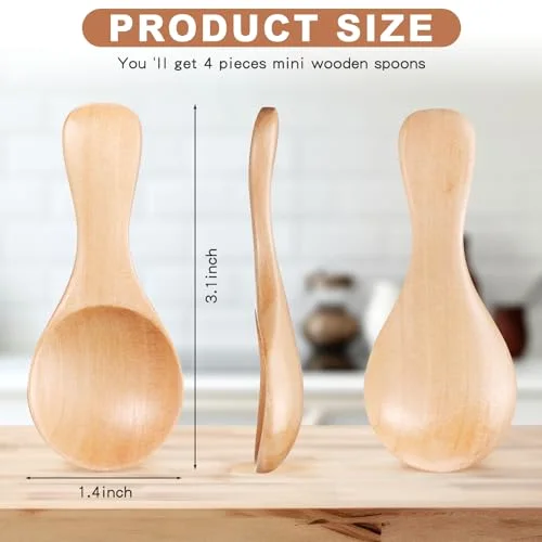 Small Wooden Spoons 3.1 x Mini Wooden Spoon Handmade Tiny Nature Scoops for Canisters Kitchen Cooking Seasoning Oil Coffee Tea Sugar Condiments Spices Ice Cream Salts view 2