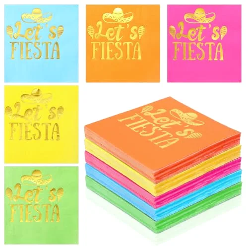 Fiesta Napkins, 2 Ply Disposable Themed Napkins, Wood Pulp, 5 Colors
