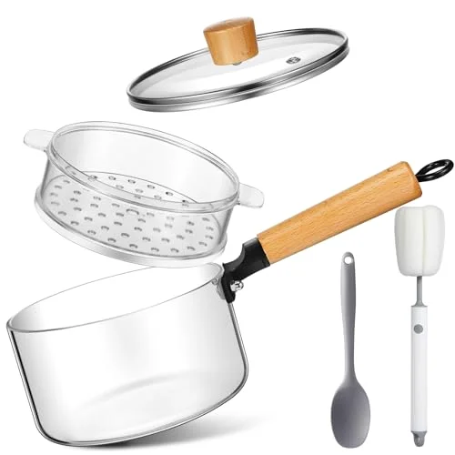 Small Glass Pot for Cooking with Steamer Lid Brush Spoon Set Glass Cooking Pan for Pasta, Soup, Vegetable, Gravies, Vegetable and More(Style 1)