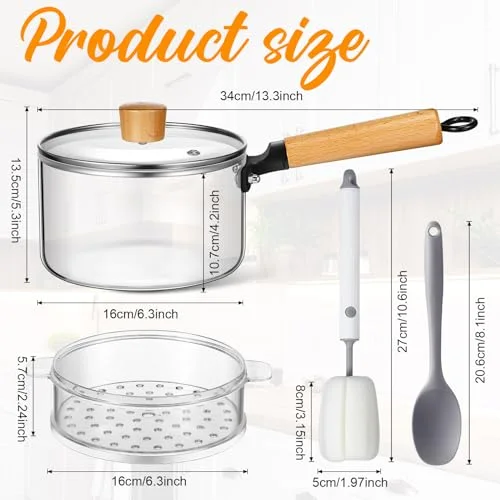 Small Glass Pot for Cooking with Steamer Lid Brush Spoon Set Glass Cooking Pan for Pasta, Soup, Vegetable, Gravies, Vegetable and More(Style 1) view 2