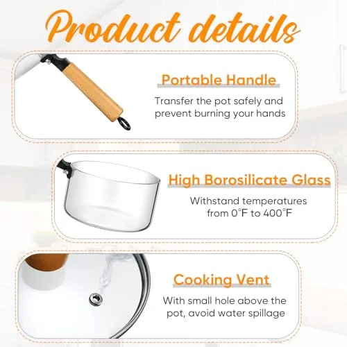 Small Glass Pot for Cooking with Steamer Lid Brush Spoon Set Glass Cooking Pan for Pasta, Soup, Vegetable, Gravies, Vegetable and More(Style 1) view 3