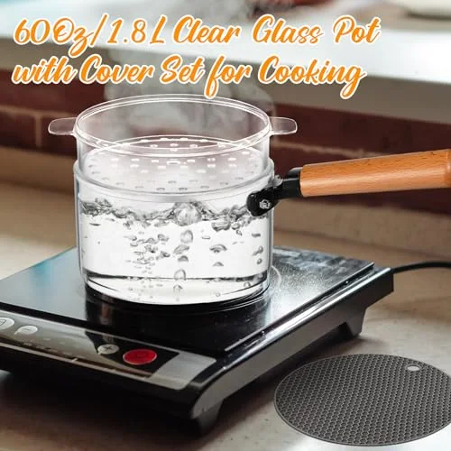 Small Glass Pot for Cooking with Steamer Lid Brush Spoon Set Glass Cooking Pan for Pasta, Soup, Vegetable, Gravies, Vegetable and More(Style 1) view 4