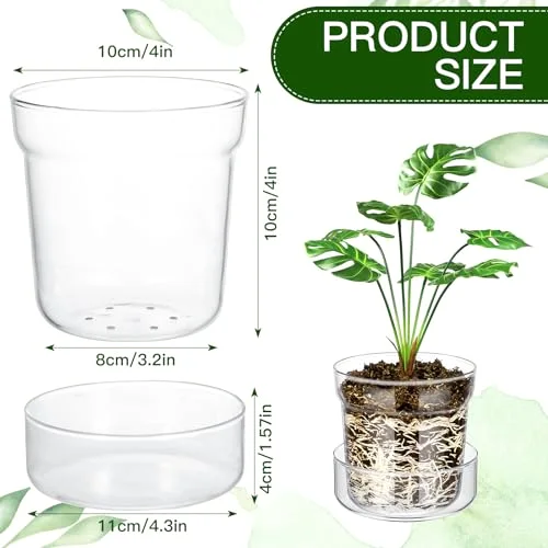 Glass Plant Pots with Saucer, Flower Nursery Plant Pots with Drainage for Flower Seed Starter Transparent Seedling () view 2