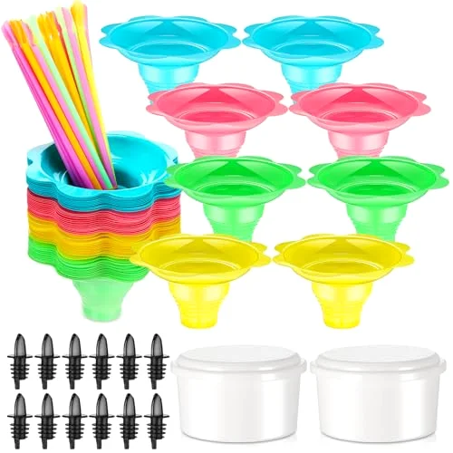 Colorful Flower Snow Cone Cups Reusable Shaved Ice Drip Cups Small Bowls with Cone Spoon Straws 12 Bottle Pourers 2 Plastic Ice Mold with Lid for Party Summer Picnic