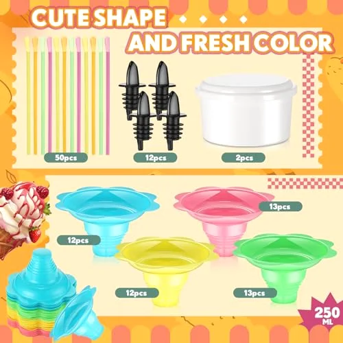 Colorful Flower Snow Cone Cups Reusable Shaved Ice Drip Cups Small Bowls with Cone Spoon Straws 12 Bottle Pourers 2 Plastic Ice Mold with Lid for Party Summer Picnic view 3
