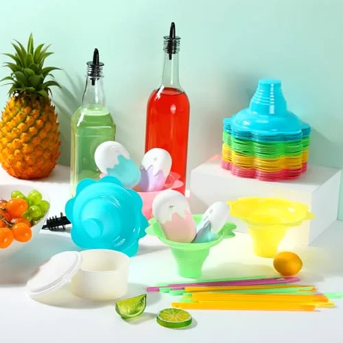 Colorful Flower Snow Cone Cups Reusable Shaved Ice Drip Cups Small Bowls with Cone Spoon Straws 12 Bottle Pourers 2 Plastic Ice Mold with Lid for Party Summer Picnic view 5