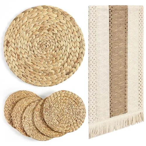Boho Table Runner and Placemats Set of 6, 12" Wide Table Runner Round Braided Woven Placemats Handmade Rustic Wicker Place Mats for Kitchen Dining Tables Decorations Farmhouse Centerpiece