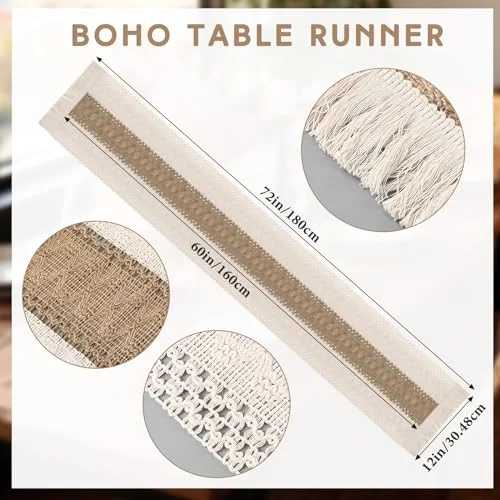 Boho Table Runner and Placemats Set of 6, 12" Wide Table Runner Round Braided Woven Placemats Handmade Rustic Wicker Place Mats for Kitchen Dining Tables Decorations Farmhouse Centerpiece view 3