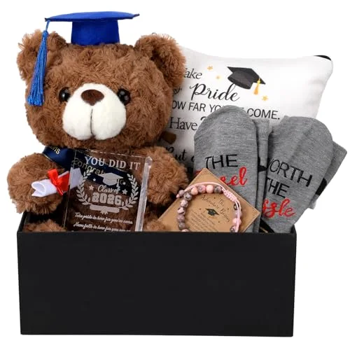 Graduation Gift Set for Her 2026 Meaningful Congrats Grad Gifts with Compass Bracelet, Memory Bear, Keepsake Plaque, Socks and Makeup Bag for High School or College Graduate()