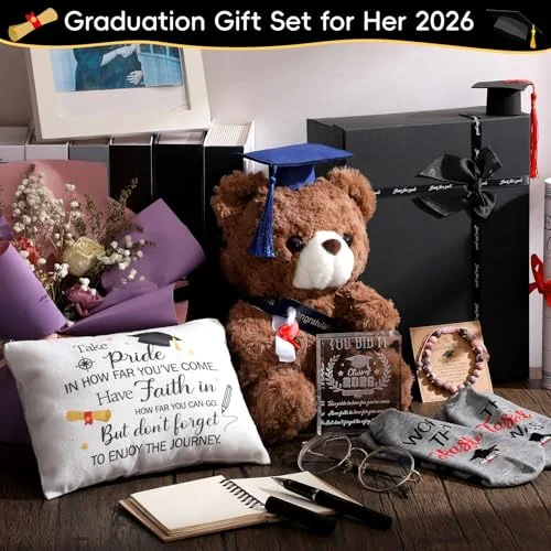 Graduation Gift Set for Her 2026 Meaningful Congrats Grad Gifts with Compass Bracelet, Memory Bear, Keepsake Plaque, Socks and Makeup Bag for High School or College Graduate() view 2